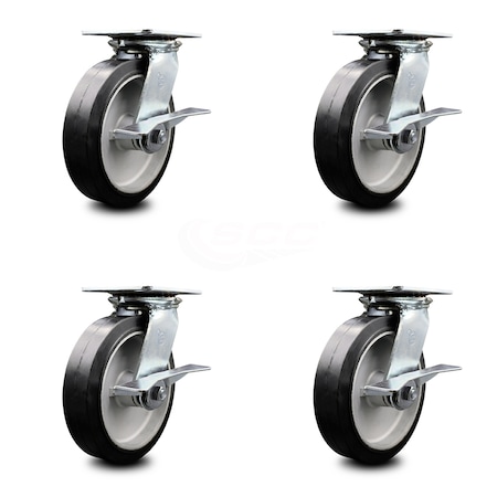 Service Caster 8 Inch Heavy Duty Rubber on Aluminum Caster Set with Ball Bearings and Brakes SCC-35S820-RAB-SLB-4